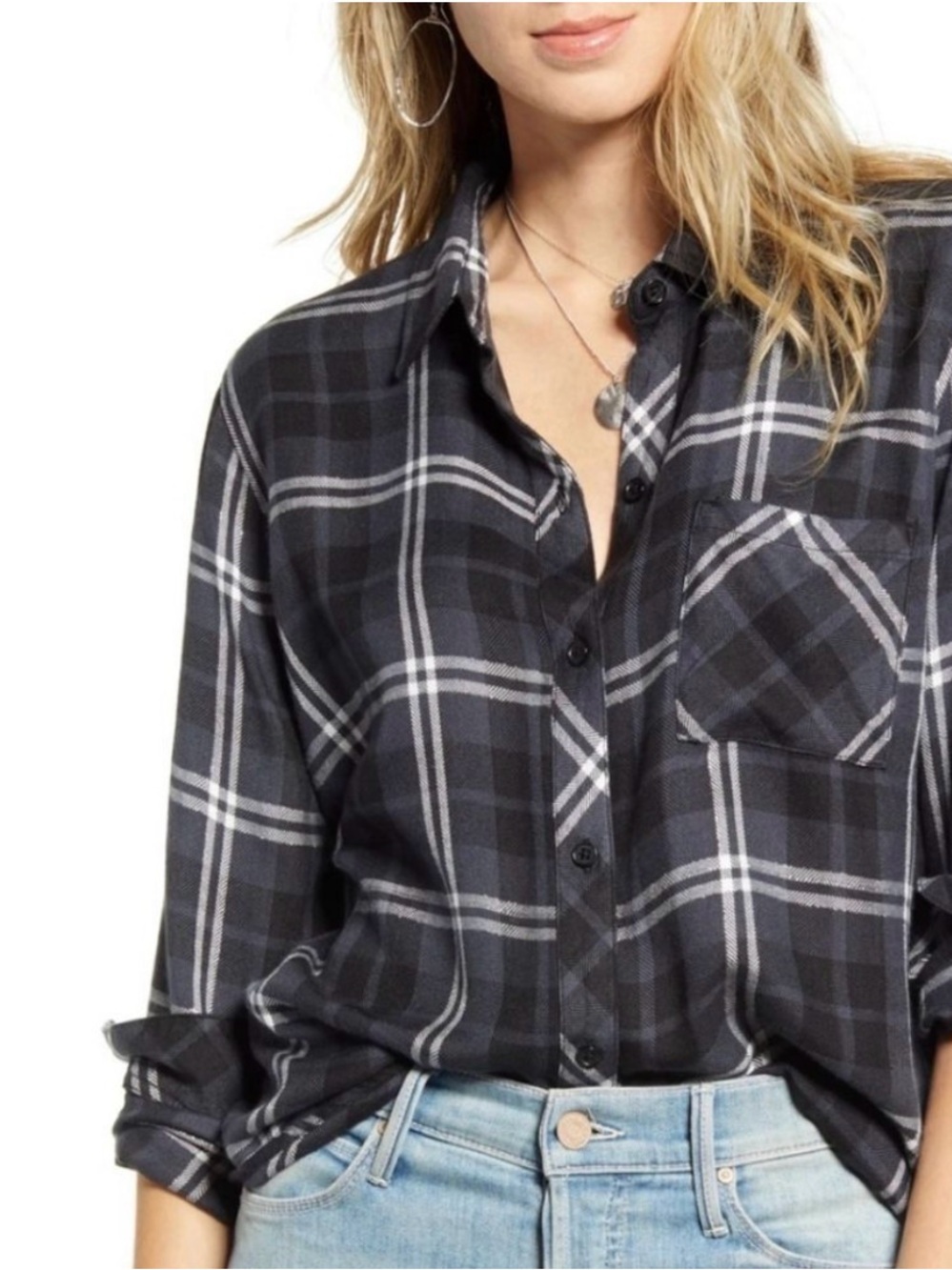 Rails Hunter Black Onyx Slate White Plaid Long Sleeve Button Up Shirt M Medium
